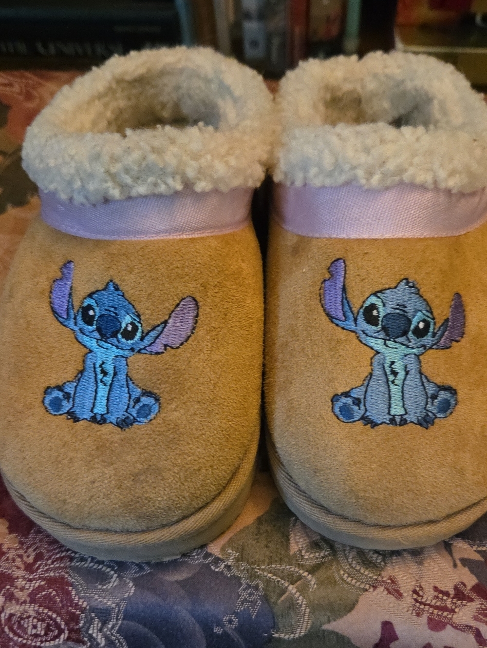 Disney Tan Plush Kids Slip-On Footies with Blue Stitch character